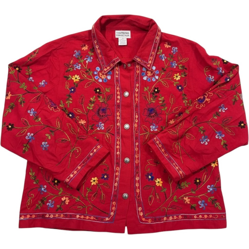 Tantrums Collection Red Silk Blend Floral Embroidered Beaded Jacket Medium